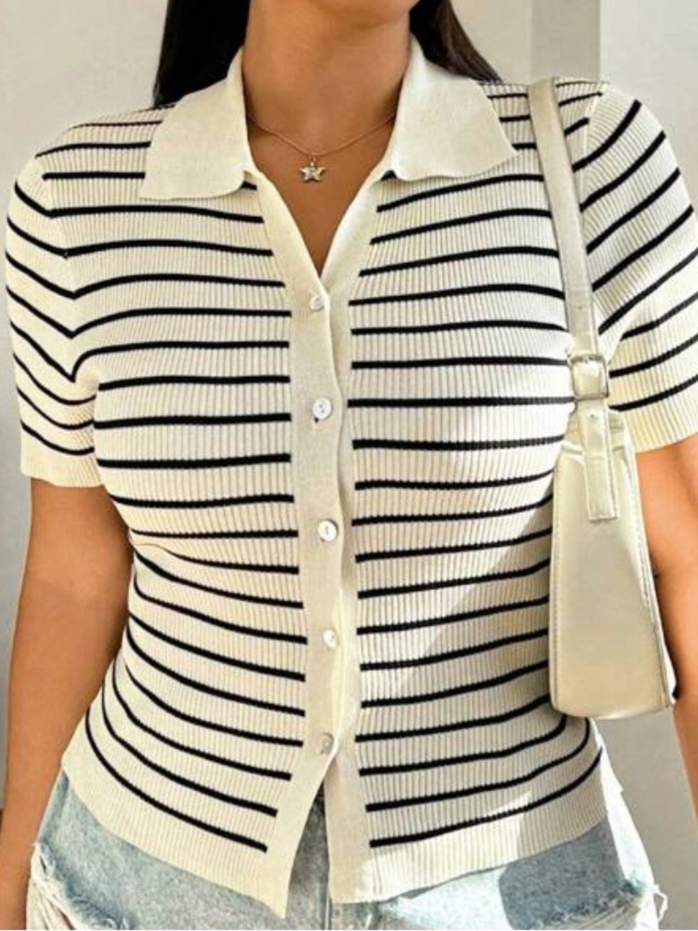 Striped Short-Sleeve Knit Polo Top - Cream with Black Stripes